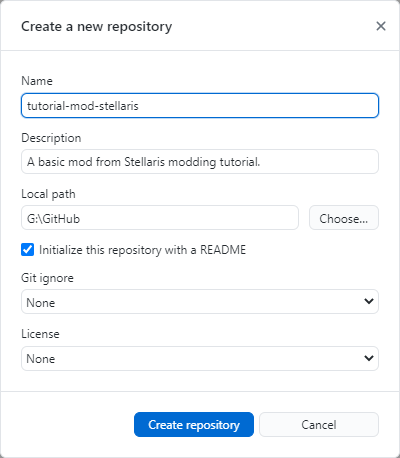 リポジトリ作成。名前をGitHubフォルダ内のMODフォルダ名と合わせ、READMEで初期化する