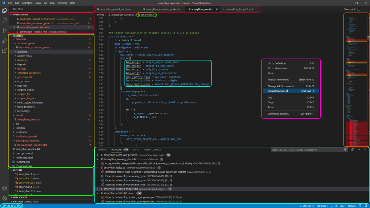 VSCのMODコード画面。赤は開いているファイル、黄はMODルート、緑はアウトライン、水色はエラー、桃は右クリックメニュー、橙はプレビュー付きスクロールバー